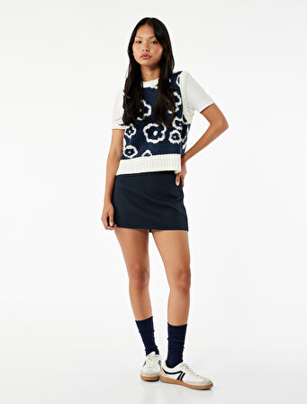 Bisiklet Yaka Çiçekli Kolsuz Triko Süveter