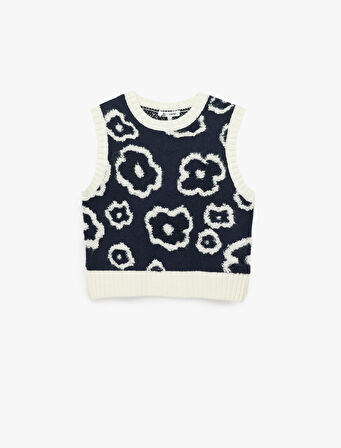 Bisiklet Yaka Çiçekli Kolsuz Triko Süveter