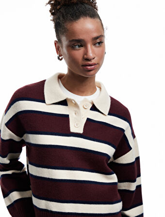 Polo Yaka Çizgili Triko Kazak