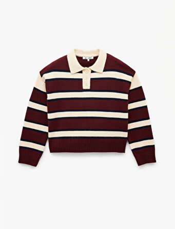 Polo Yaka Çizgili Triko Kazak