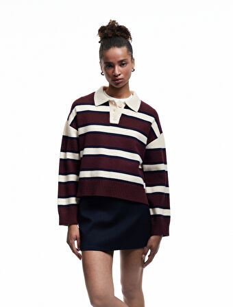 Polo Yaka Çizgili Triko Kazak