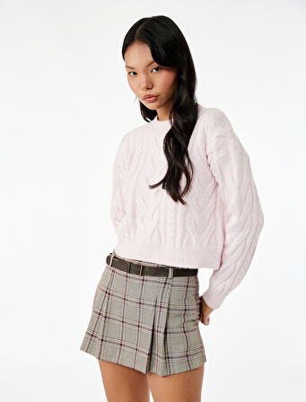 Uzun Kollu Bisiklet Yaka Saç Örgülü Triko Kazak