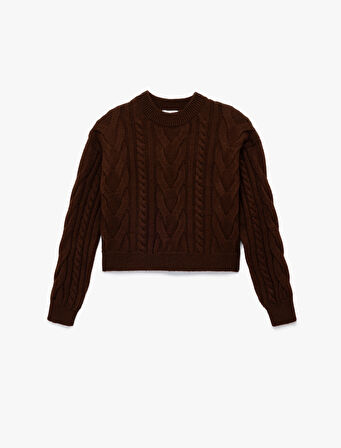 Uzun Kollu Bisiklet Yaka Saç Örgülü Triko Kazak