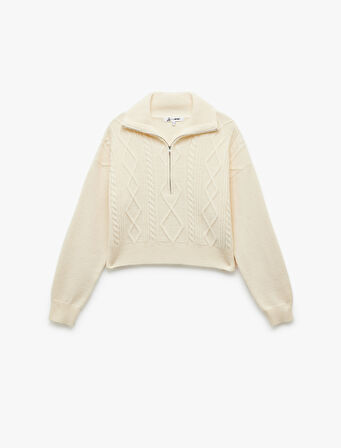 Yarım Fermuarlı Yaka Uzun Kollu Saç Örgü Dokulu Triko Kazak