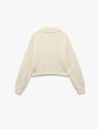 Yarım Fermuarlı Yaka Uzun Kollu Saç Örgü Dokulu Triko Kazak