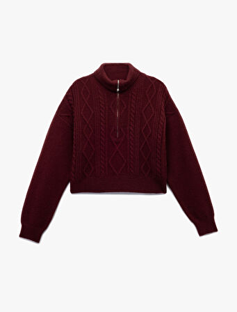 Yarım Fermuarlı Yaka Uzun Kollu Saç Örgü Dokulu Triko Kazak