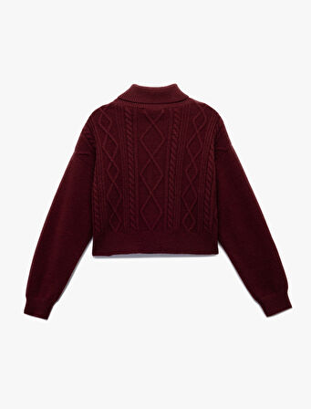 Yarım Fermuarlı Yaka Uzun Kollu Saç Örgü Dokulu Triko Kazak