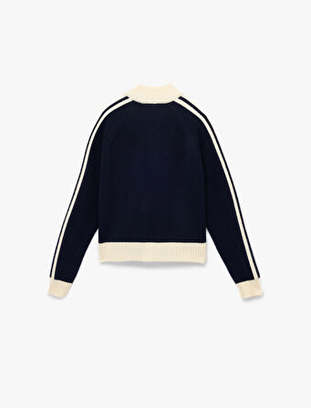 Fermuarlı Uzun Kollu Dik Yaka Çizgili Triko Hırka