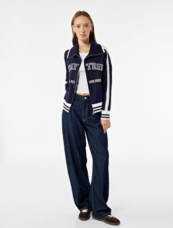 Fermuarlı Desenli Uzun Kollu Dik Yaka Triko Hırka