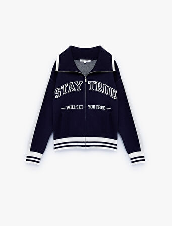 Fermuarlı Desenli Uzun Kollu Dik Yaka Triko Hırka