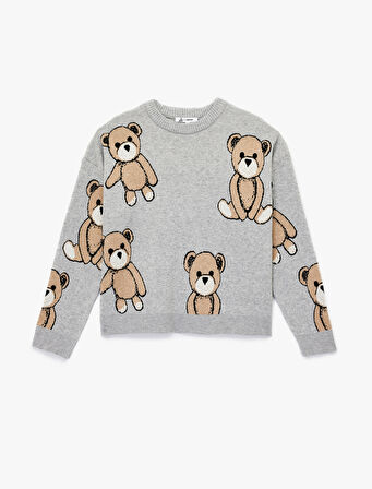 Viskon Karışımlı Uzun Kollu Bisiklet Yaka Ayıcık Desenli Triko Kazak