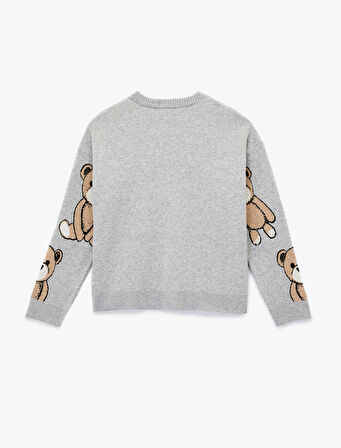 Viskon Karışımlı Uzun Kollu Bisiklet Yaka Ayıcık Desenli Triko Kazak