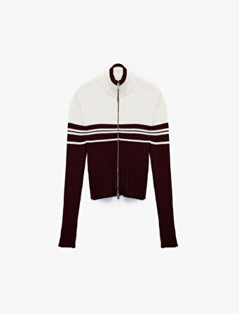 Dik Yaka Slim Fit Uzun Kollu Çizgili Fermuarlı Triko Hırka