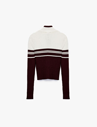 Dik Yaka Slim Fit Uzun Kollu Çizgili Fermuarlı Triko Hırka