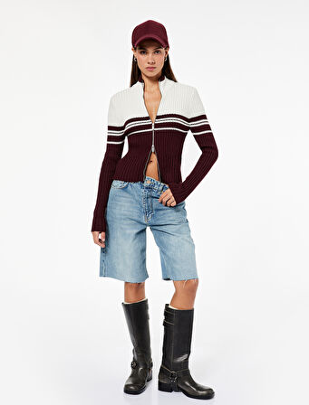 Dik Yaka Slim Fit Uzun Kollu Çizgili Fermuarlı Triko Hırka