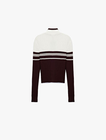 Dik Yaka Slim Fit Uzun Kollu Çizgili Fermuarlı Triko Hırka