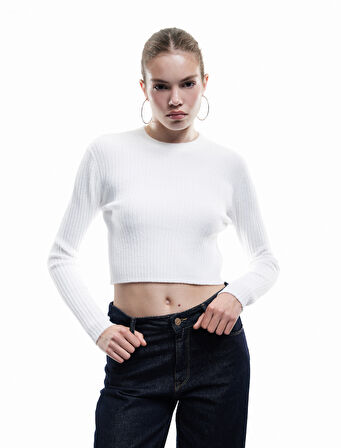 Uzun Kollu Bisiklet Yaka Triko Crop Kazak