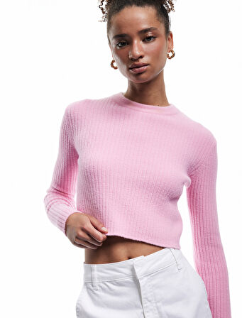 Uzun Kollu Bisiklet Yaka Triko Crop Kazak