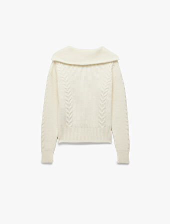 Saç Örgü Dokulu Yarım Fermuarlı Yaka Uzun Kollu Triko Kazak