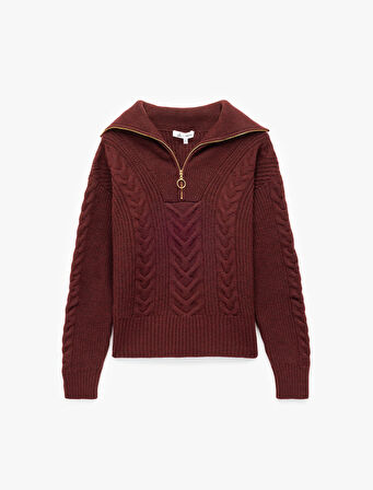 Saç Örgü Dokulu Yarım Fermuarlı Yaka Uzun Kollu Triko Kazak