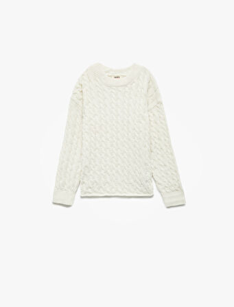 Uzun Kollu Bisiklet Yaka Örgü Detaylı Triko Kazak