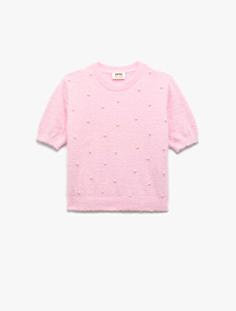 İnci Boncuk Detaylı Kısa Kollu Bisiklet Yaka Triko Kazak