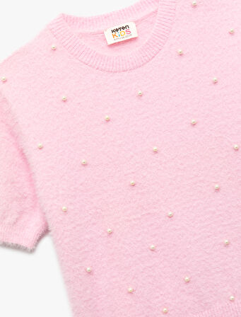 İnci Boncuk Detaylı Kısa Kollu Bisiklet Yaka Triko Kazak