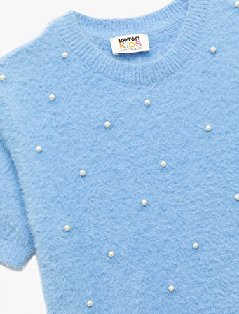 İnci Boncuk Detaylı Kısa Kollu Bisiklet Yaka Triko Kazak