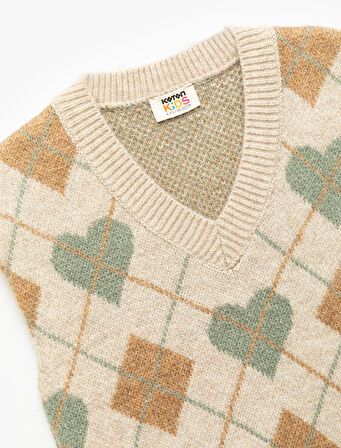 Baklava Desenli V Yaka Kolsuz Triko Süveter 