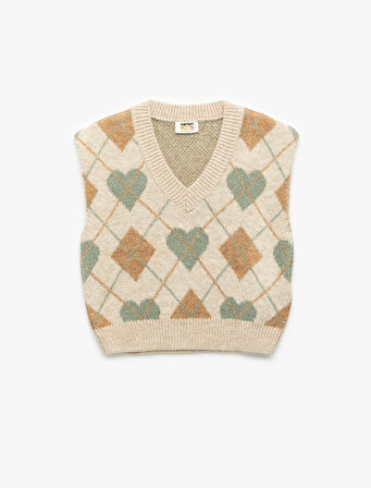 Baklava Desenli V Yaka Kolsuz Triko Süveter 