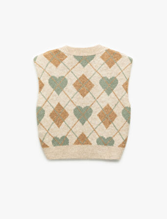 Baklava Desenli V Yaka Kolsuz Triko Süveter 