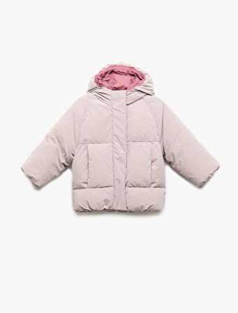 Kapşonlu Uzun Kollu Cepli Şişme Mont 