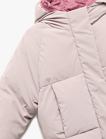 Kapşonlu Uzun Kollu Cepli Şişme Mont 