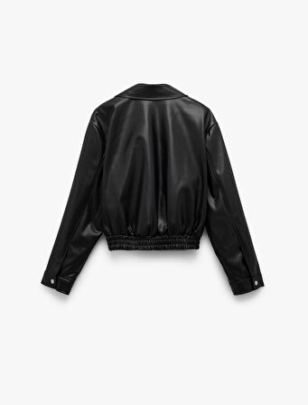 Gömlek Yaka Suni Deri Fermuarlı Cepli Bomber Ceket