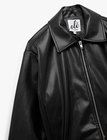 Gömlek Yaka Suni Deri Fermuarlı Cepli Bomber Ceket