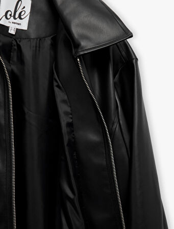 Gömlek Yaka Suni Deri Fermuarlı Cepli Bomber Ceket