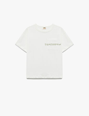 Baskılı Cep Detaylı Bisiklet Yaka Pamuklu Kısa Kollu Tişört