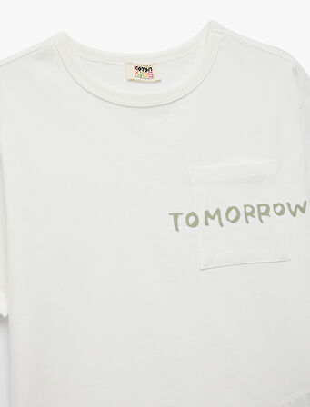 Baskılı Cep Detaylı Bisiklet Yaka Pamuklu Kısa Kollu Tişört