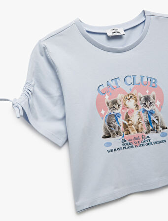 Pamuklu Kedi Baskılı Bisiklet Yaka Kısa Kollu Tişört