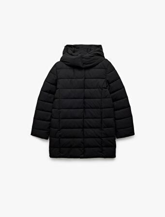 Astarlı Cepli Fermuarlı Uzun Kollu Su İtici Kapüşonlu Şişme Mont