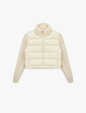 Dik Yaka Fermuarlı Uzun Kollu Cepli Slim Fit Şişme Mont