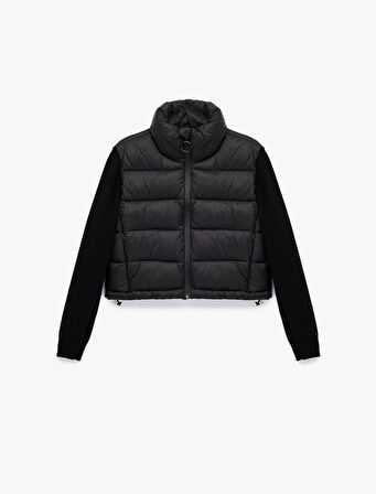 Dik Yaka Fermuarlı Uzun Kollu Cepli Slim Fit Şişme Mont