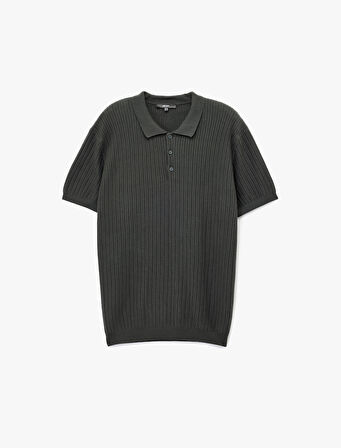 Regular Fit Kısa Kollu Pamuklu Dokulu Düğmeli Polo Yaka Triko Tişört