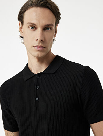Regular Fit Kısa Kollu Pamuklu Dokulu Düğmeli Polo Yaka Triko Tişört