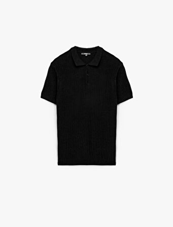 Regular Fit Kısa Kollu Pamuklu Dokulu Düğmeli Polo Yaka Triko Tişört