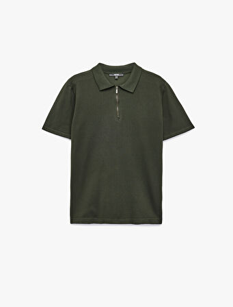 Viskon Regular Fit Polo Yaka Yarım Fermuarlı Kısa Kollu Triko Tişört