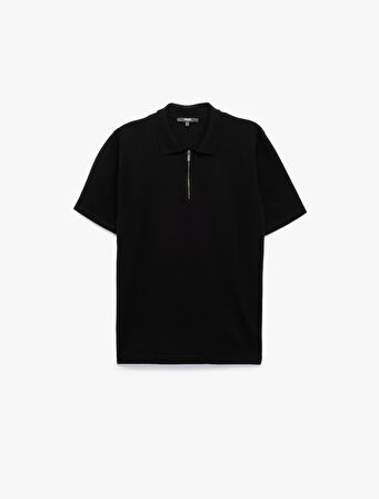 Viskon Regular Fit Polo Yaka Yarım Fermuarlı Kısa Kollu Triko Tişört