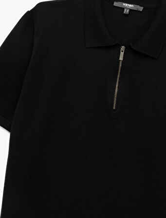 Viskon Regular Fit Polo Yaka Yarım Fermuarlı Kısa Kollu Triko Tişört