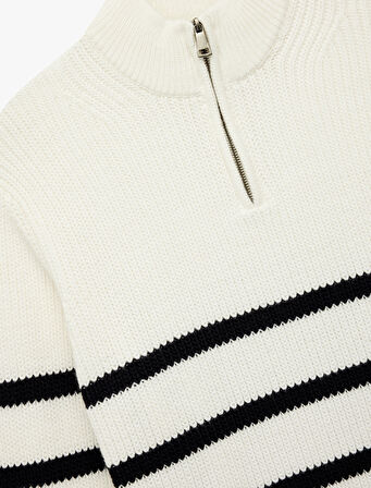 Uzun Kollu Çizgili Basic Yarım Fermuarlı Triko Kazak