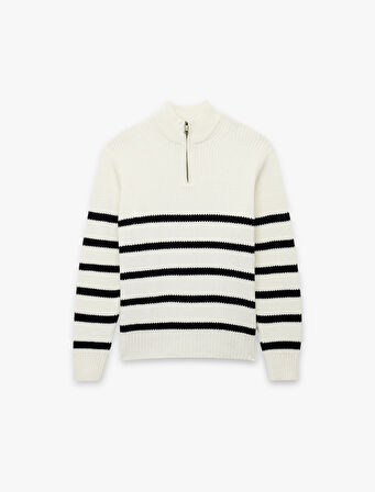 Uzun Kollu Çizgili Basic Yarım Fermuarlı Triko Kazak